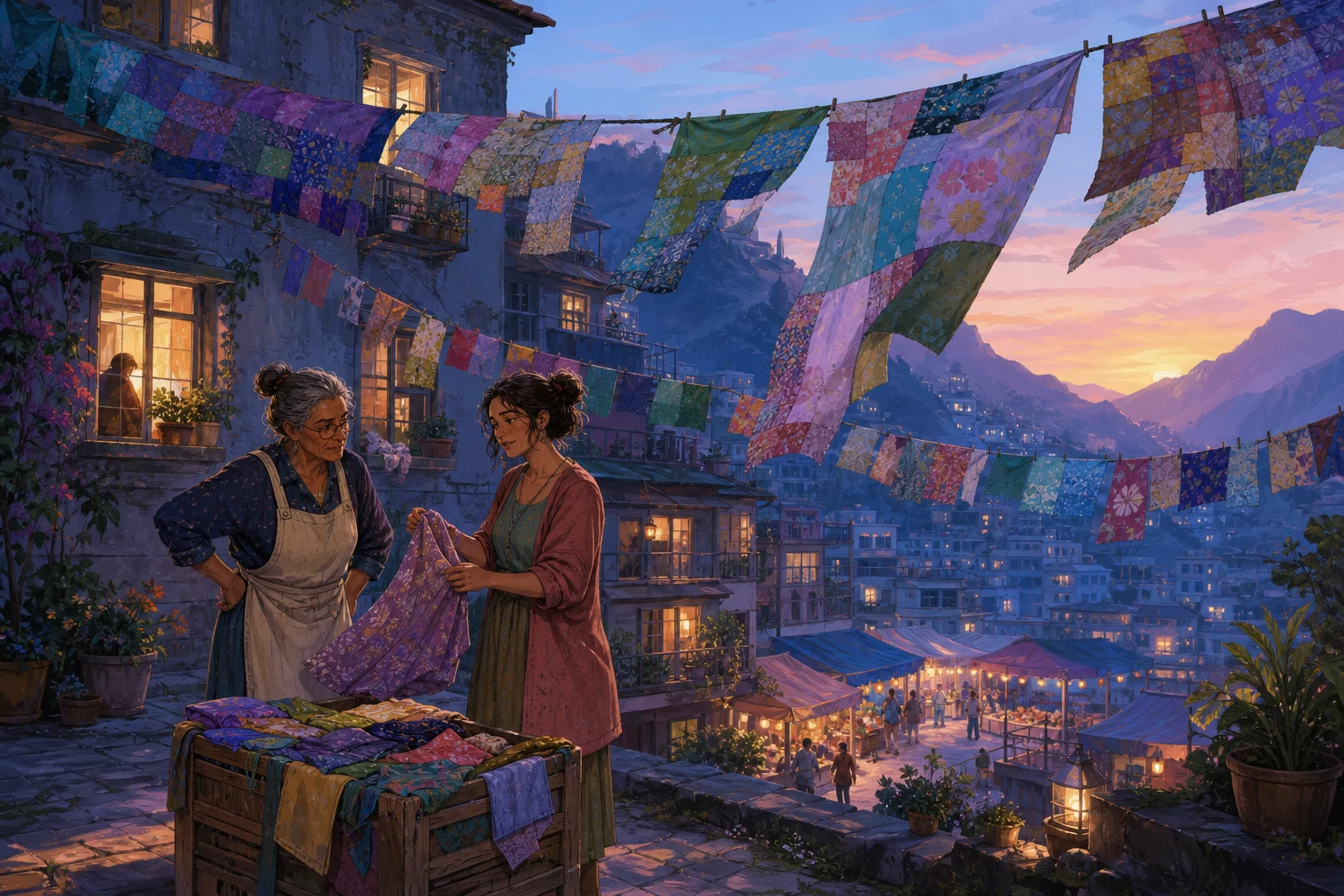 A caretaker and a night-shift cleaner admire colorful patchwork banners moving above a mountain courtyard market.