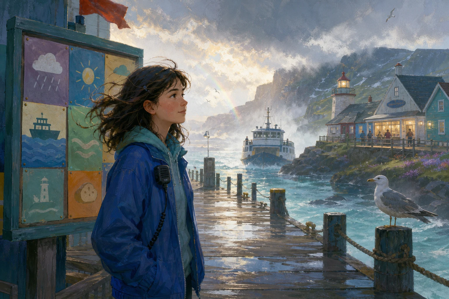 A teenage ferry dispatcher stands beside a clear, colorful notice board as a ferry emerges through mist.