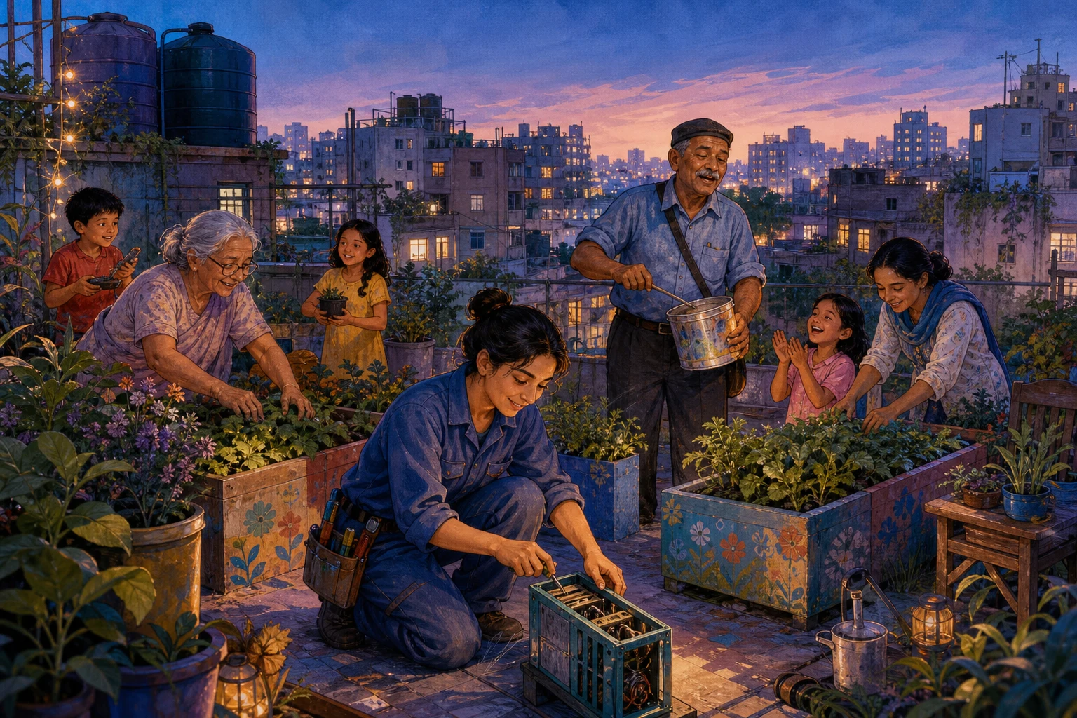 Neighbors tend rooftop planters together while an elevator technician joins their improvised garden choir.