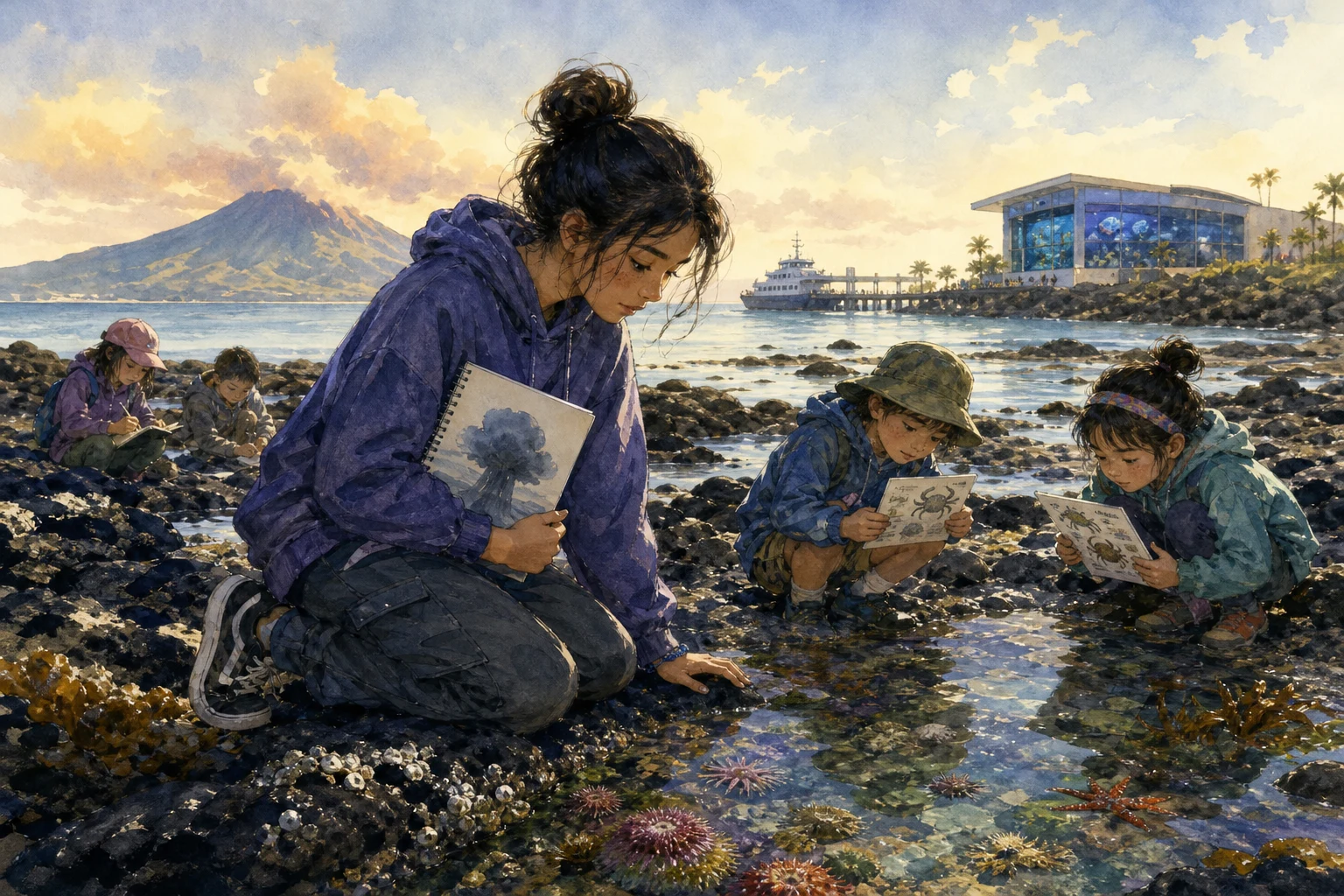 A teenage girl and younger children carefully observe tidepool creatures along a black-sand island shore.