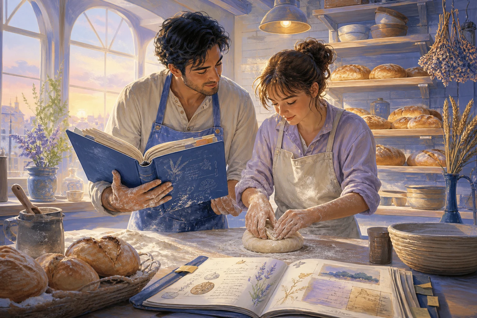 A young baker and apprentice compare notes while shaping bread in a warmly lit bakery.