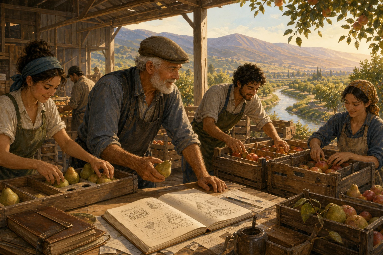 An orchard caretaker and workers test fruit-sorting methods beside crates, ledgers, and hand-drawn diagrams.