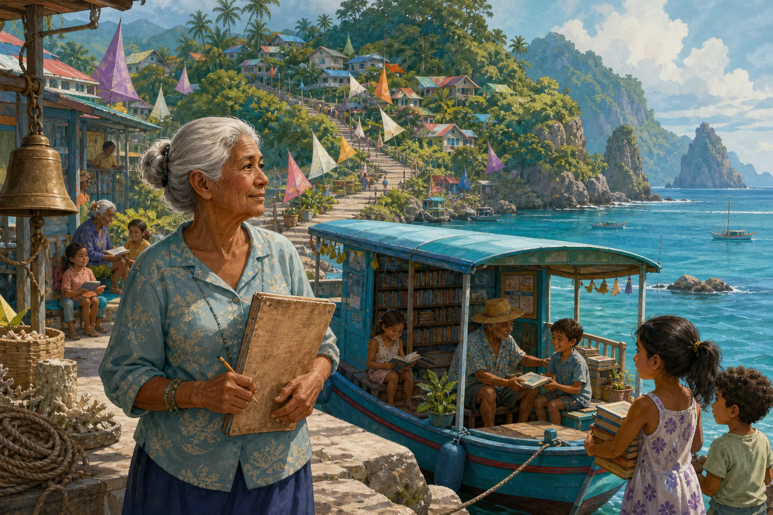 An older harbor clerk watches children and elders gather with books beside a colorful mobile library boat.
