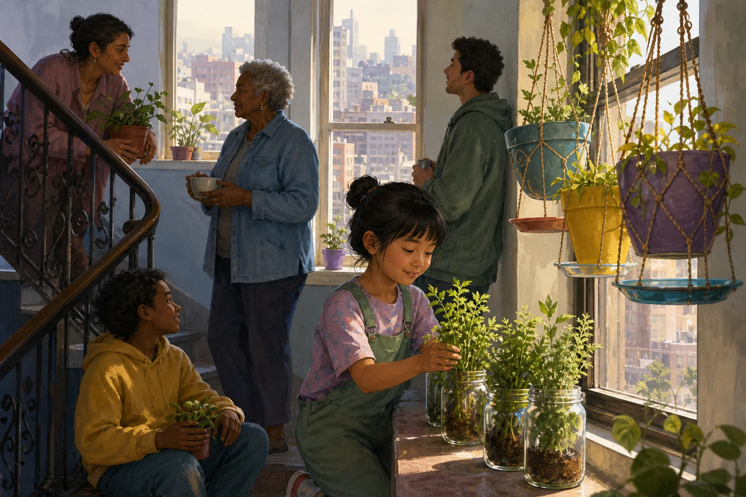 A child and her neighbors tend a bright herb garden on an apartment stairwell landing.