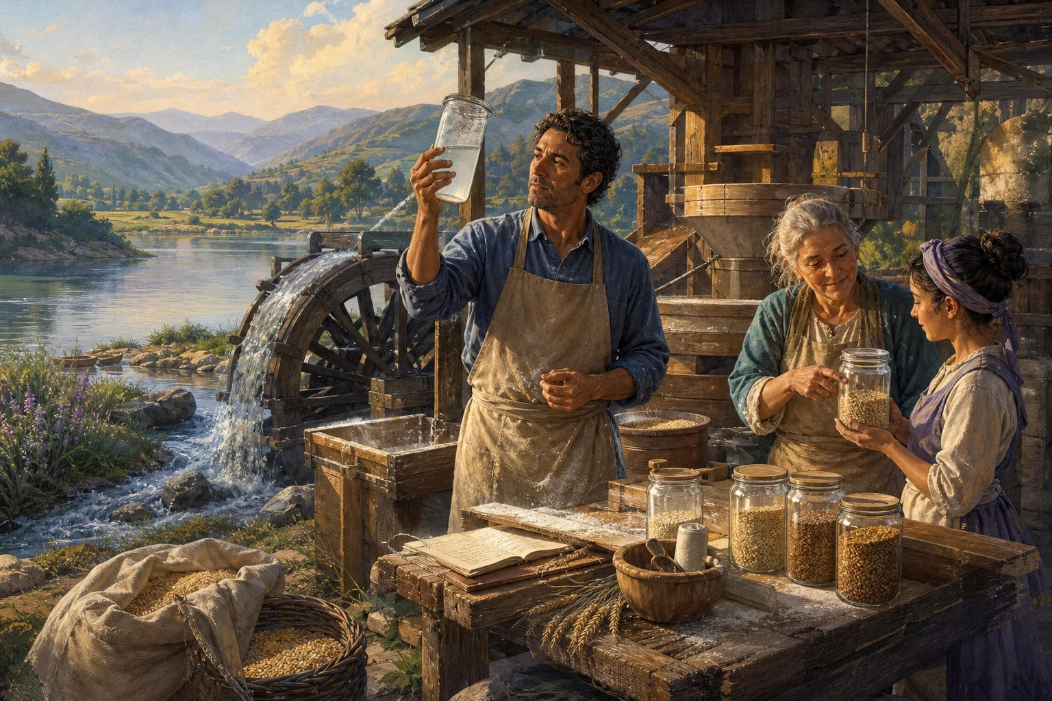 A miller, baker, and seed keeper compare grain samples inside a sunlit lakeshore mill.