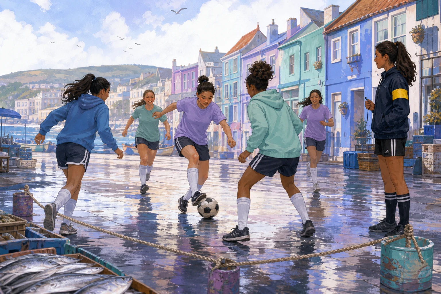 Girls play football around handmade rope markers in a rain-washed town square.