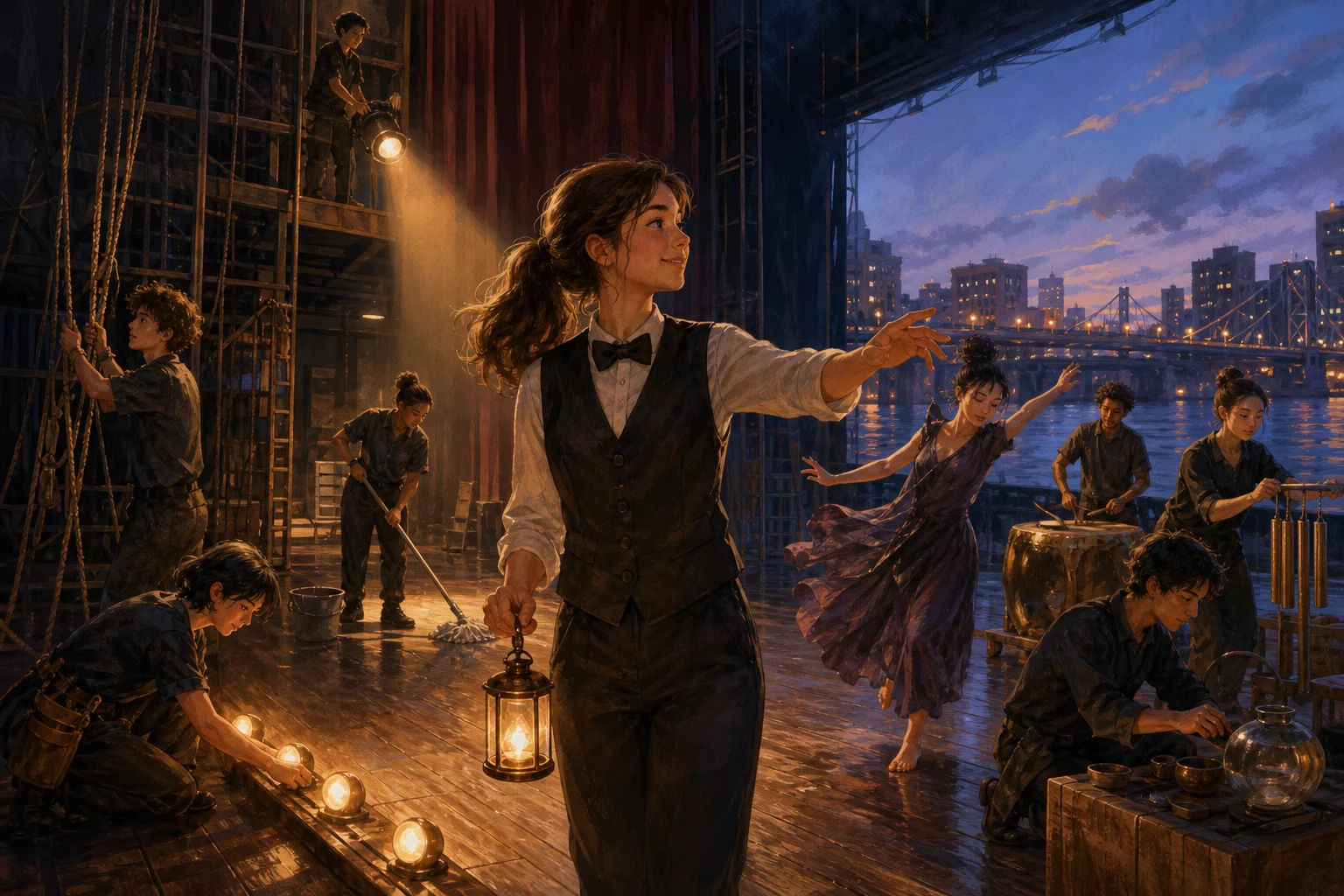 A young theater usher leads workers and performers in a shared rhythm on an old wooden stage.