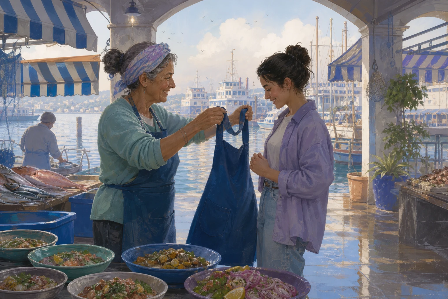 A fish-market vendor gives her blue apron to her younger cousin beside a freshly improvised lunch stall after a rainy morning.