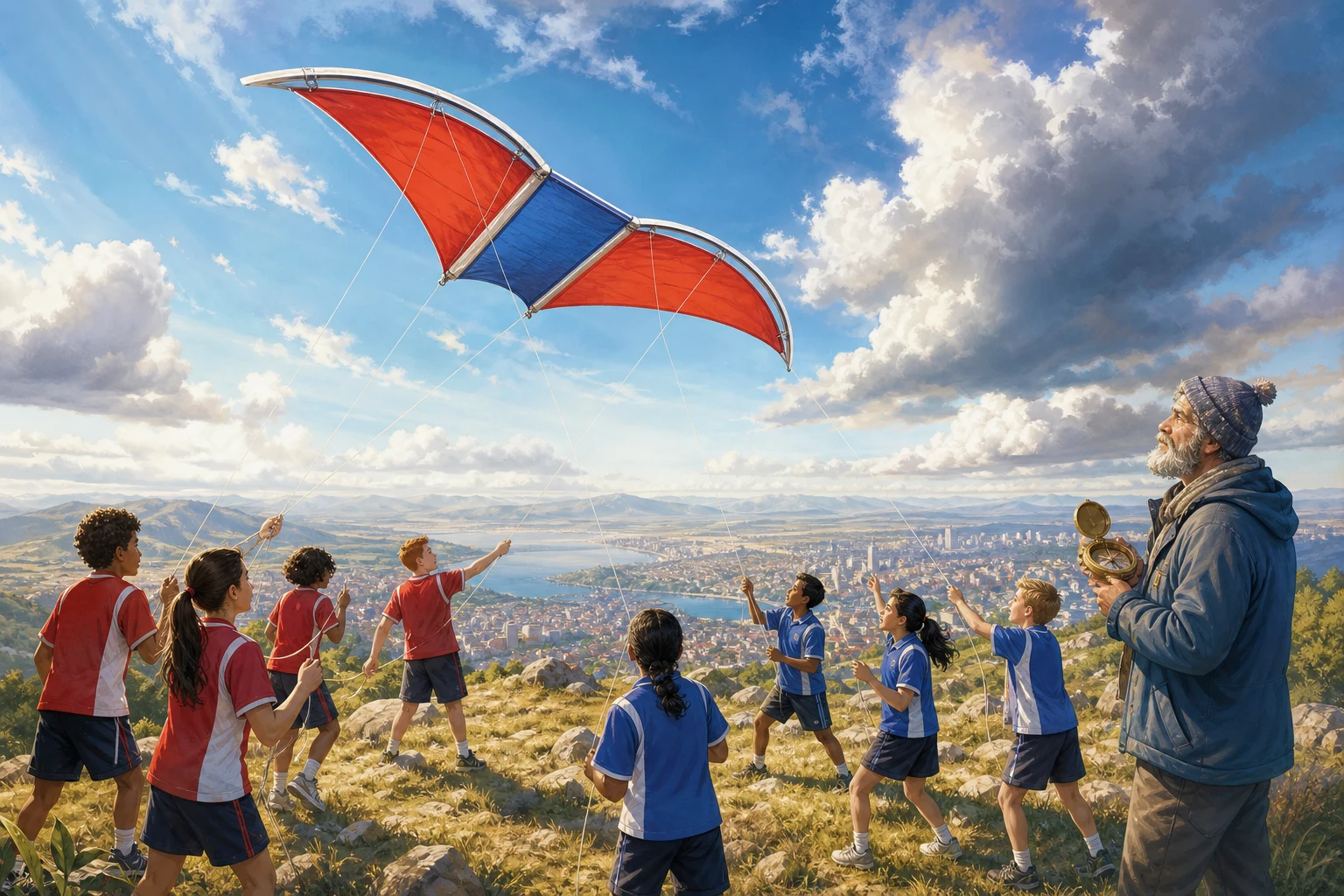Two rival school teams launch a colorful shared kite above a windswept plateau while an older weather observer watches.