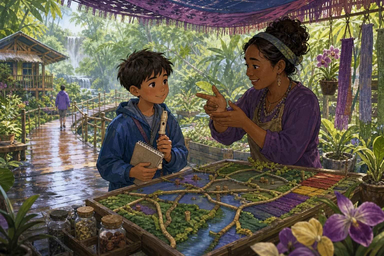 A boy and a deaf gardener examine an accessible raised walking map beneath a rainforest market awning.
