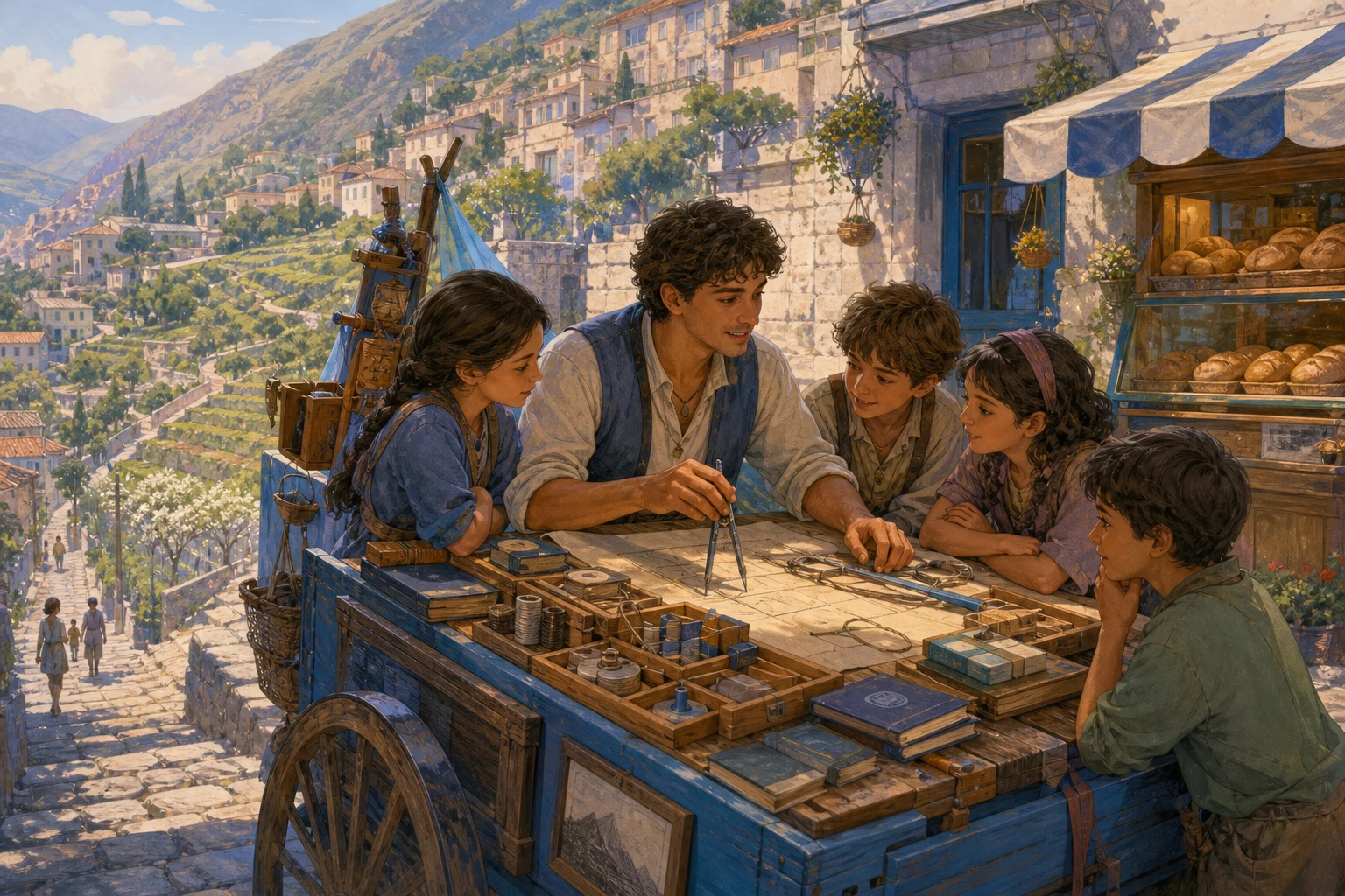 A mapmaker and children explore books and measuring tools beside a traveling learning cart on a sunlit hillside lane.