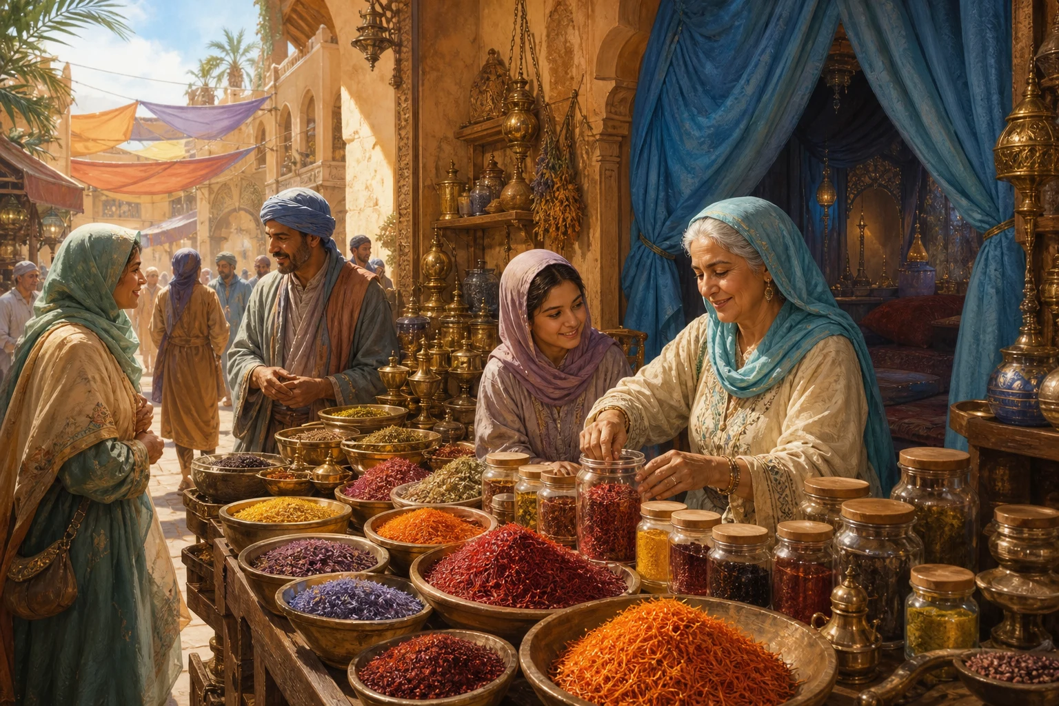 An older spice blender and her apprentice organize clearly labeled jars beside a blue-curtained quiet room in a warm, bustling bazaar.