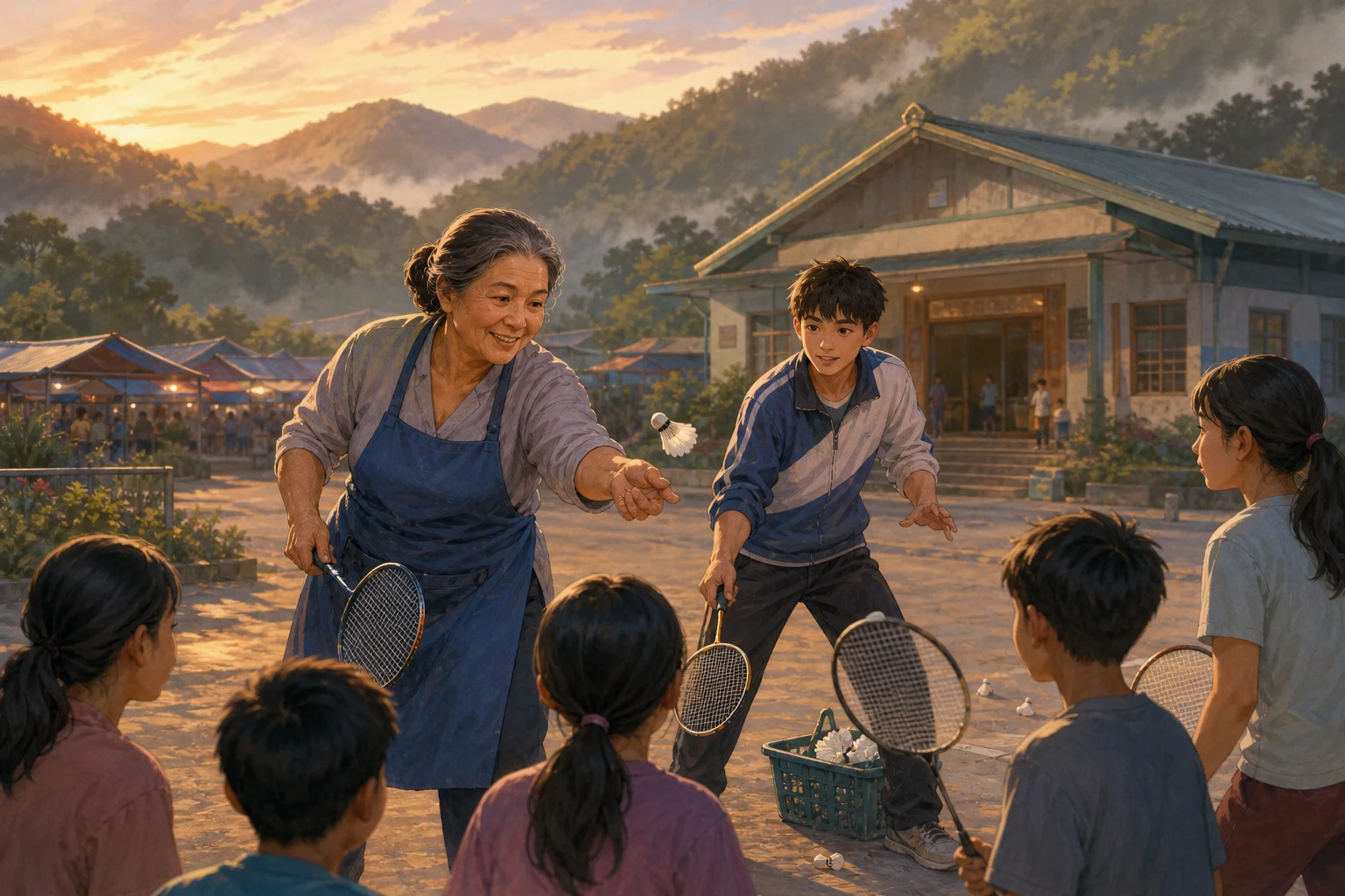An older cook and her teenage badminton partner coach beginners outside a hill-country recreation hall at sunset.
