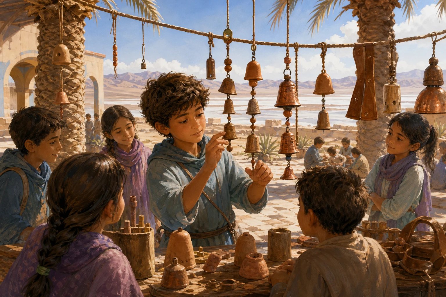 Sami tests handmade bells by touch and rhythm as classmates gather in a shaded desert school courtyard.
