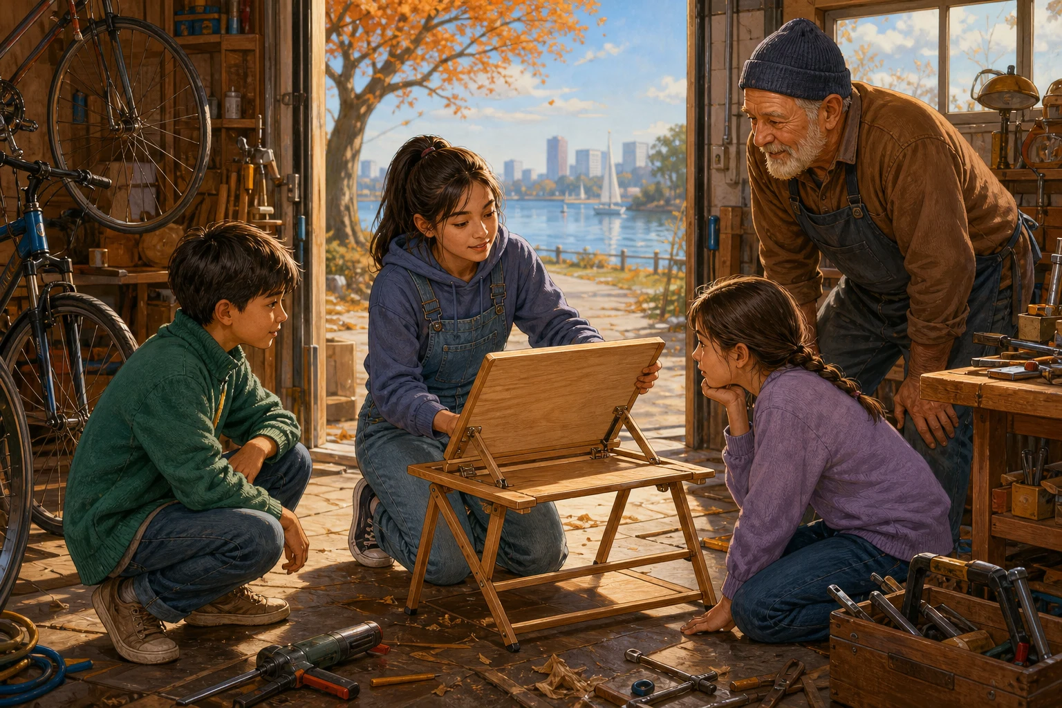 Nera tests a folding study desk with younger students and a retired carpenter in a bicycle shed.