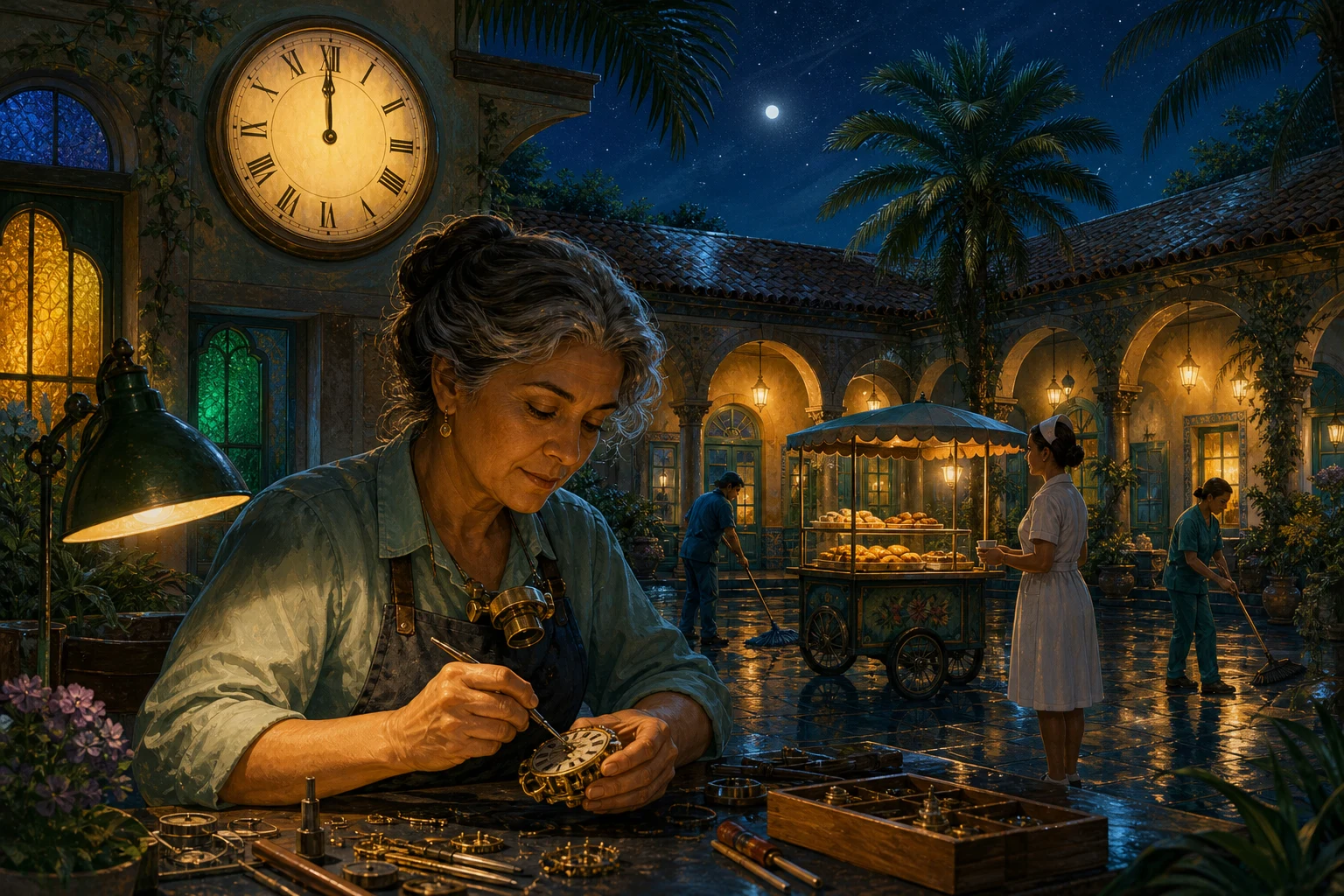 A clockmaker stands beneath a softly glowing public courtyard clock while night workers move through the rain-lit square.