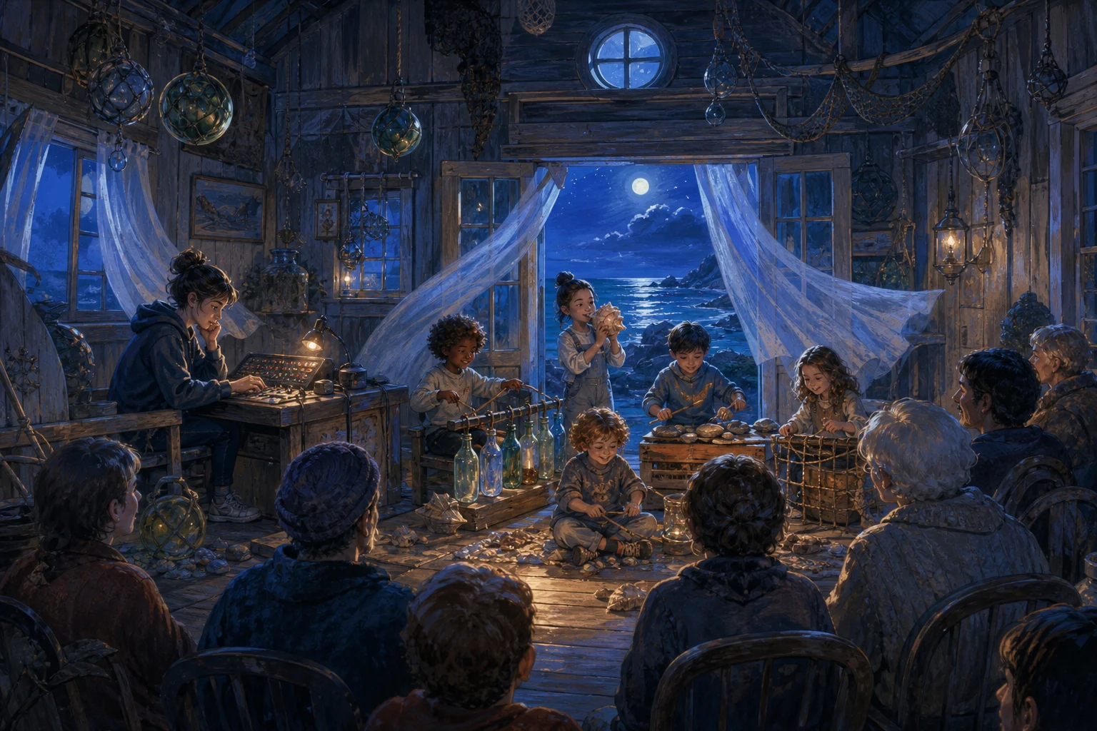 A teenage student leads a joyful concert made from island sounds while children and neighbors perform around her.