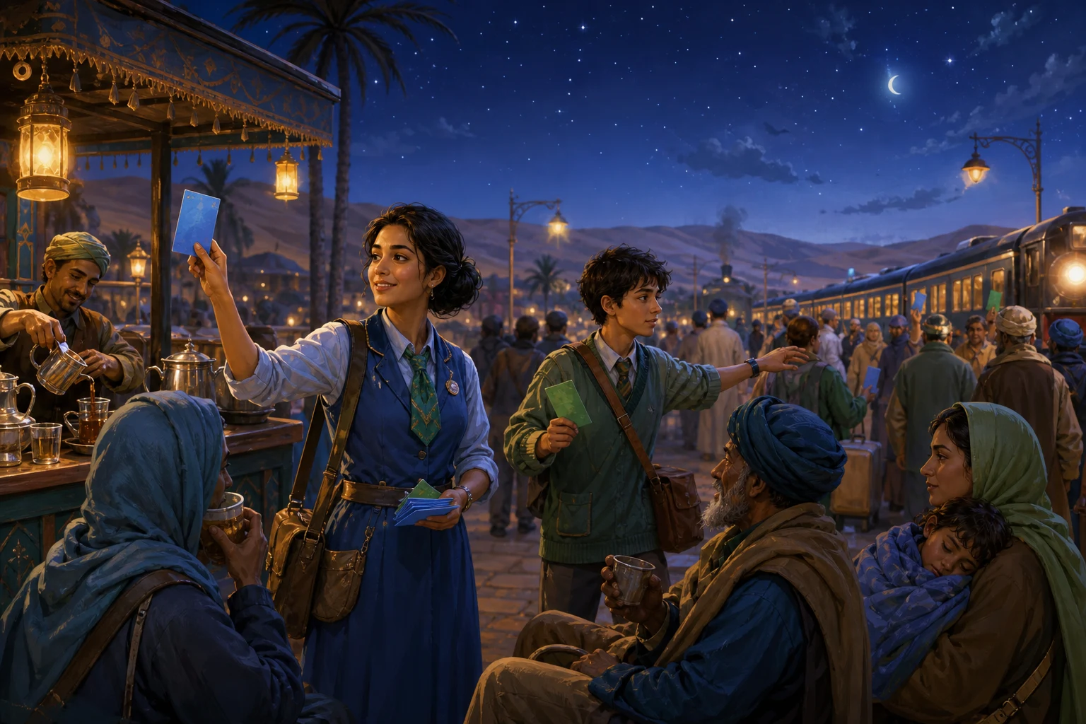A rail attendant and teenage chess player guide travelers through a warmly lit desert station using colorful cards.