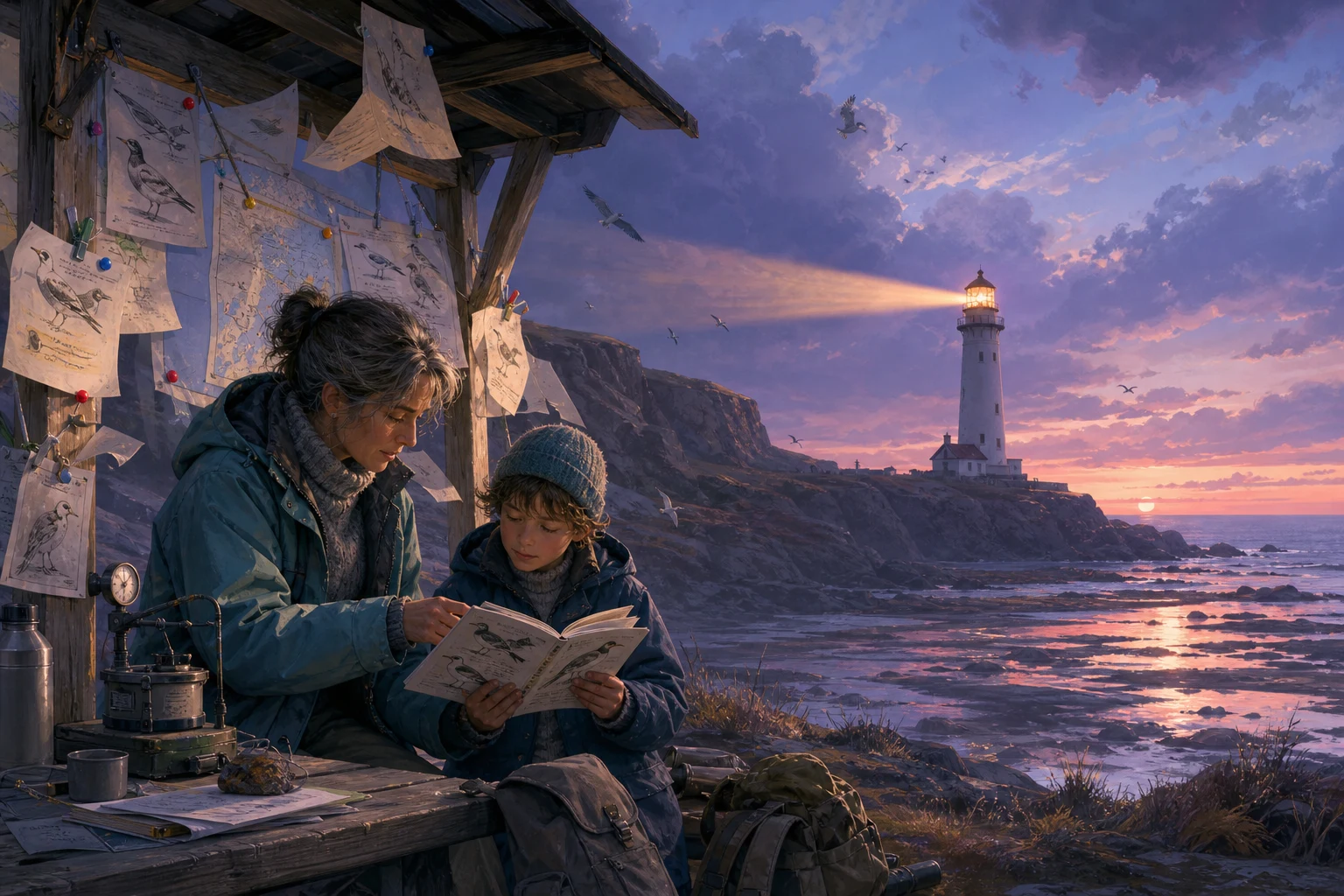 A weather recorder and a child examine a community seabird guide beside a lighthouse on a windy coast.