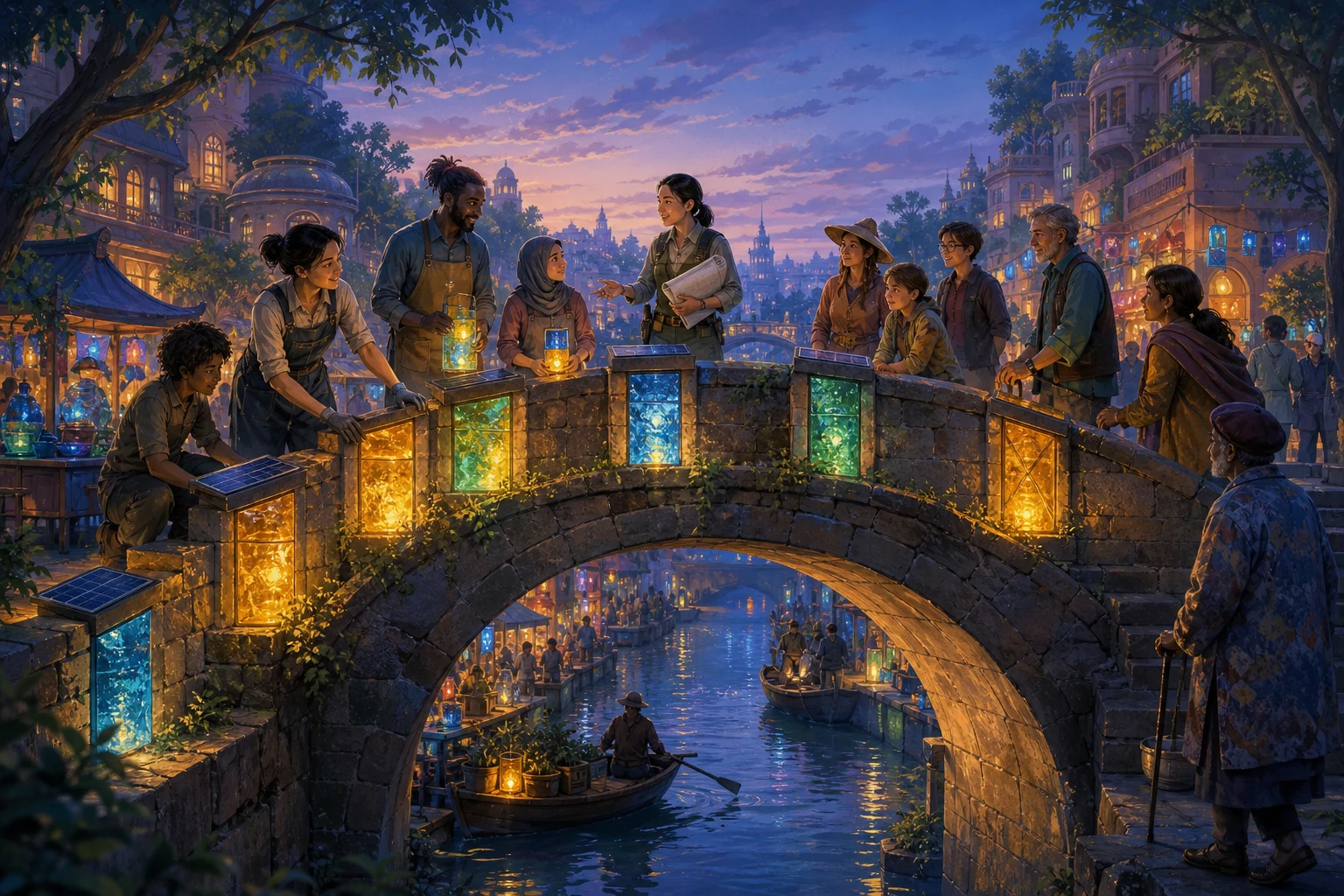 A canal engineer and glassworking apprentices admire safe, colorful solar lanterns illuminating a stone footbridge at dusk.