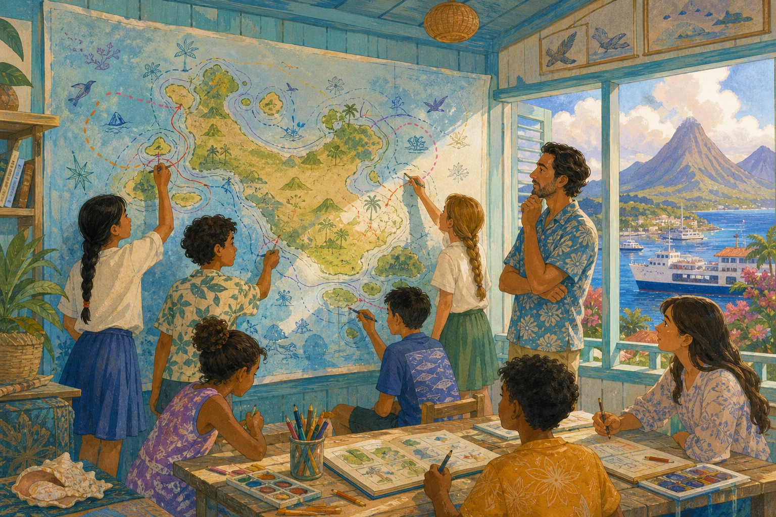 Students and their teacher build a handmade atlas in a sunlit island classroom.
