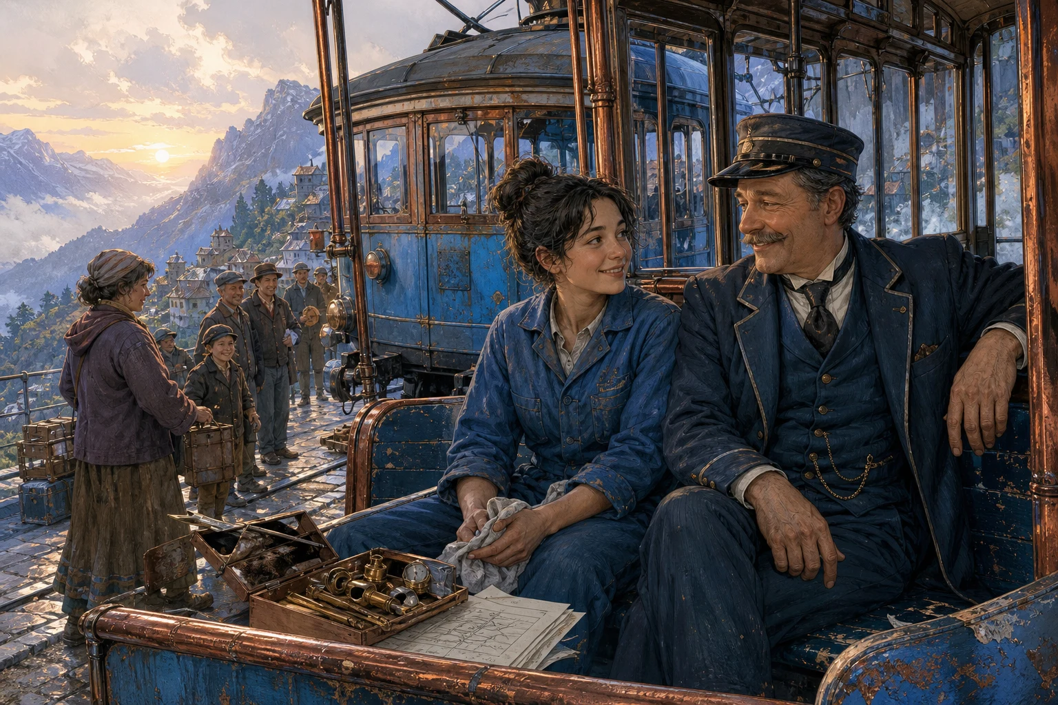 A young tram apprentice and his conductor mentor sit together beside an old mountain tram while residents gather with tools and route plans.