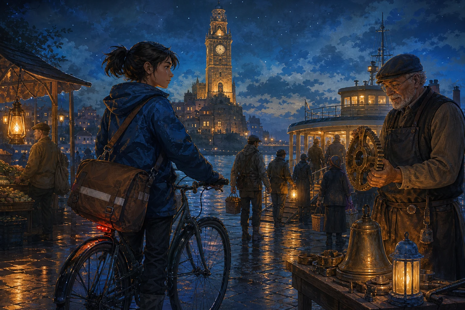 A teenage bicycle courier and a retired bellmaker stand beside a glowing night ferry beneath an old clock tower.