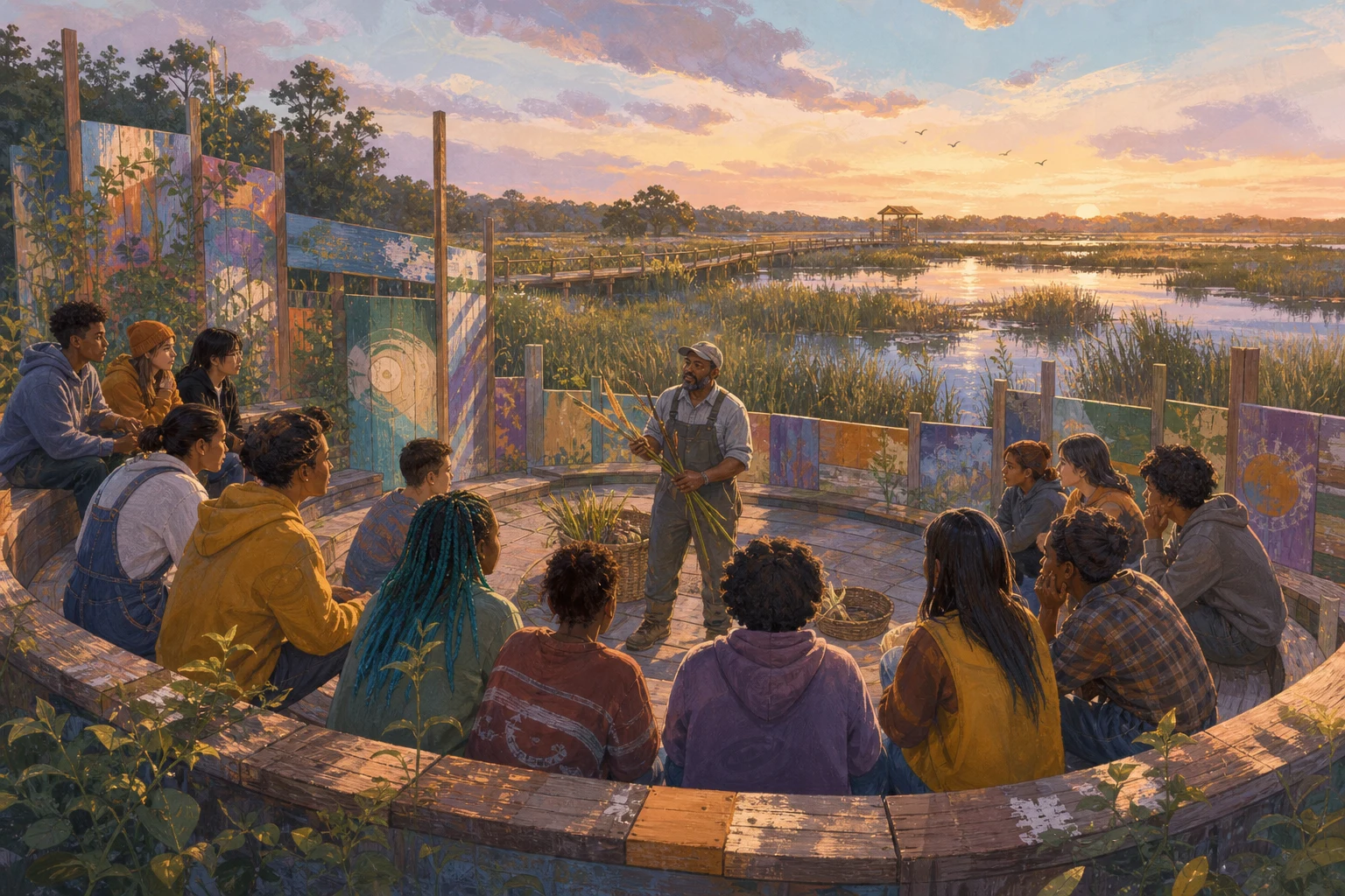Students and a groundskeeper gather in a repaired marshland amphitheater surrounded by reeds and movable colorful sound panels.