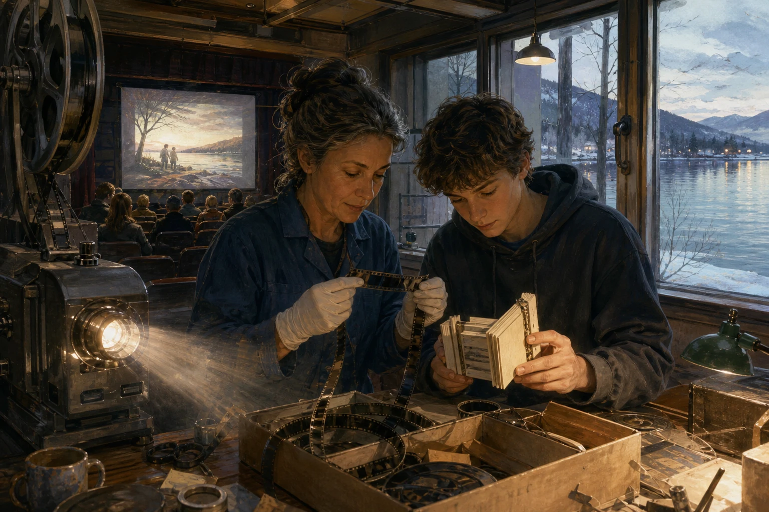 A projectionist and teenager turn discarded film frames into a lively community animation project.