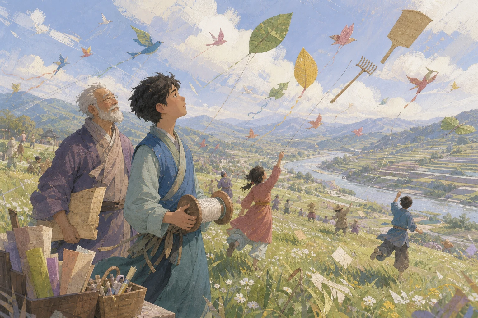 A teenage paper-shop apprentice and a retired mapmaker watch inventive handmade kites rise above a river valley.