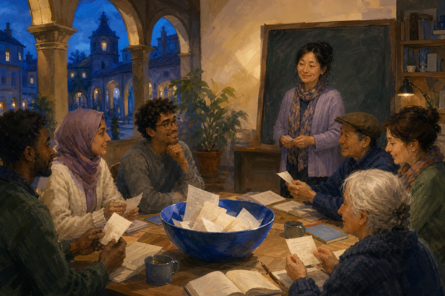 Adult language learners gather around a blue bowl of handwritten mistakes while their tutor joins the class.