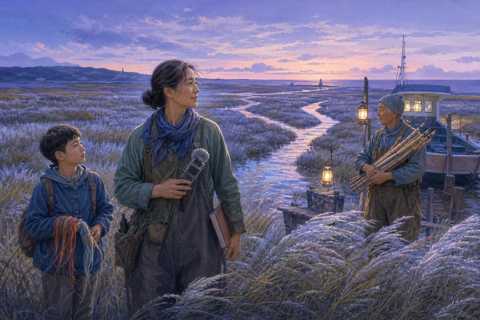 A reed farmer, a boy, and a boat mechanic listen beside singing drainage channels at dusk.