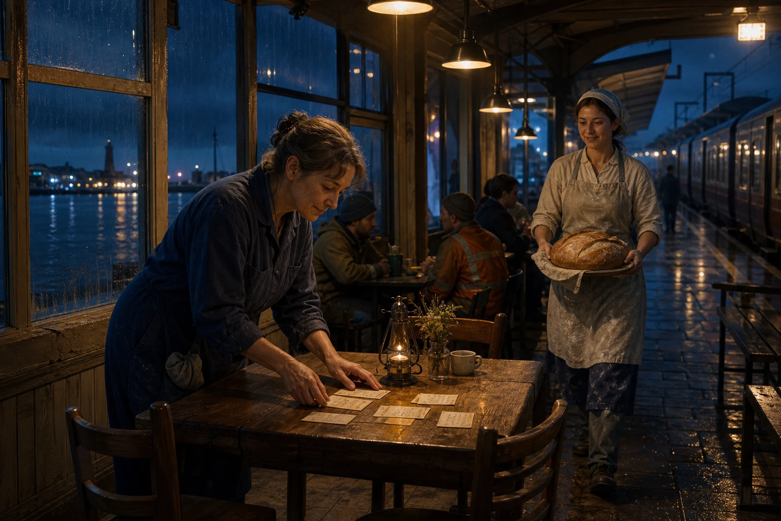 A station cleaner places handwritten cards on a warmly lit café table as a young baker arrives with bread during the night.