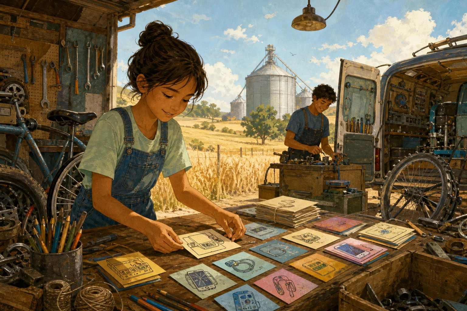 A girl arranges illustrated repair cards beside her brother’s mobile workshop van.