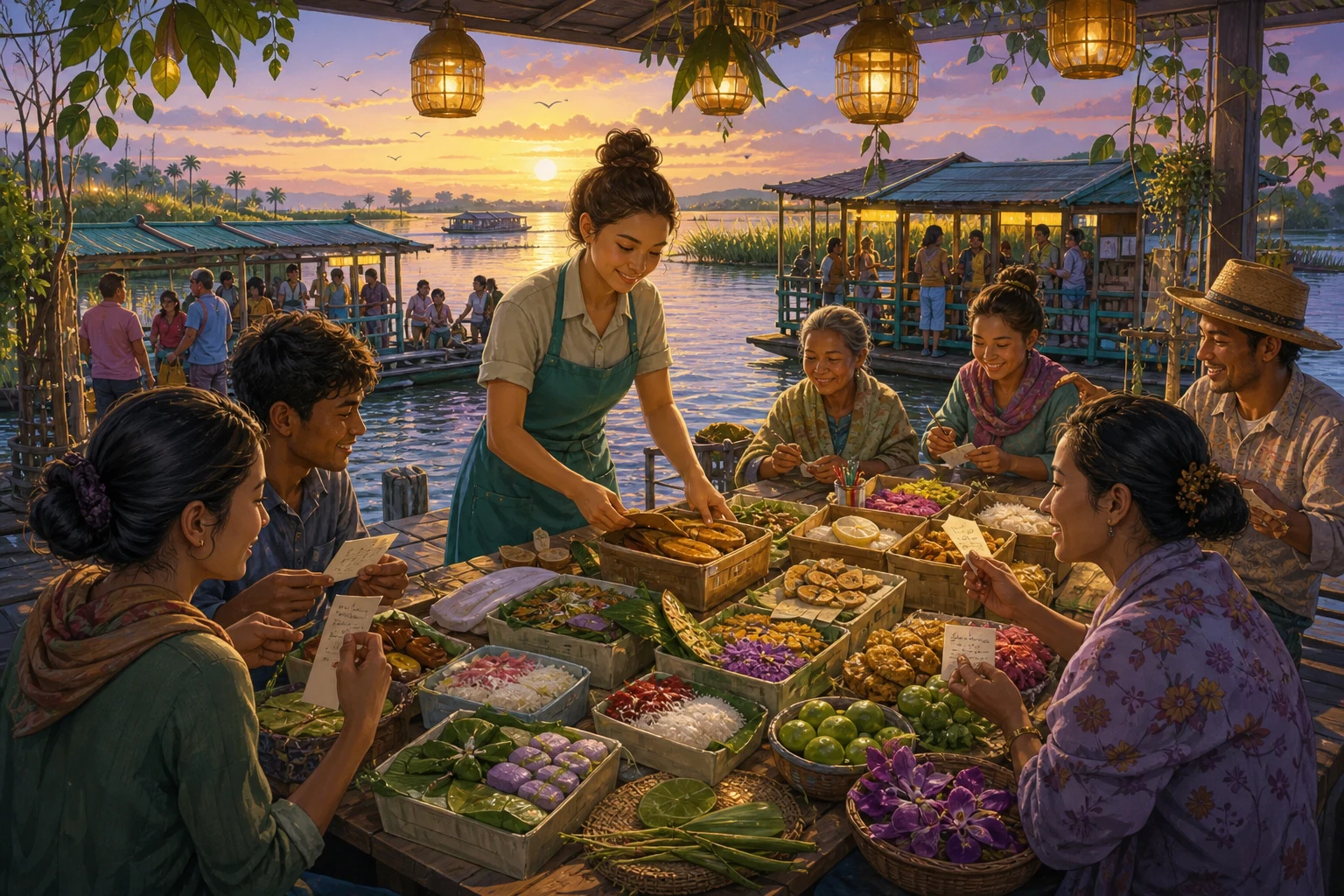 A ferry clerk shares colorful snack boxes with passengers at a lantern-lit communal table on a river delta.