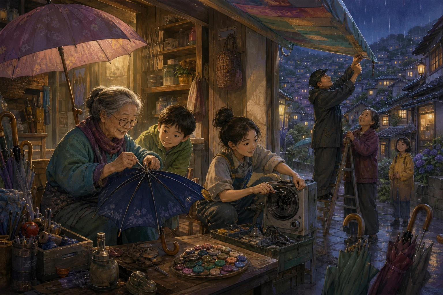 Neighbors share repair skills in Mara’s warmly lit umbrella shop while rain falls outside.