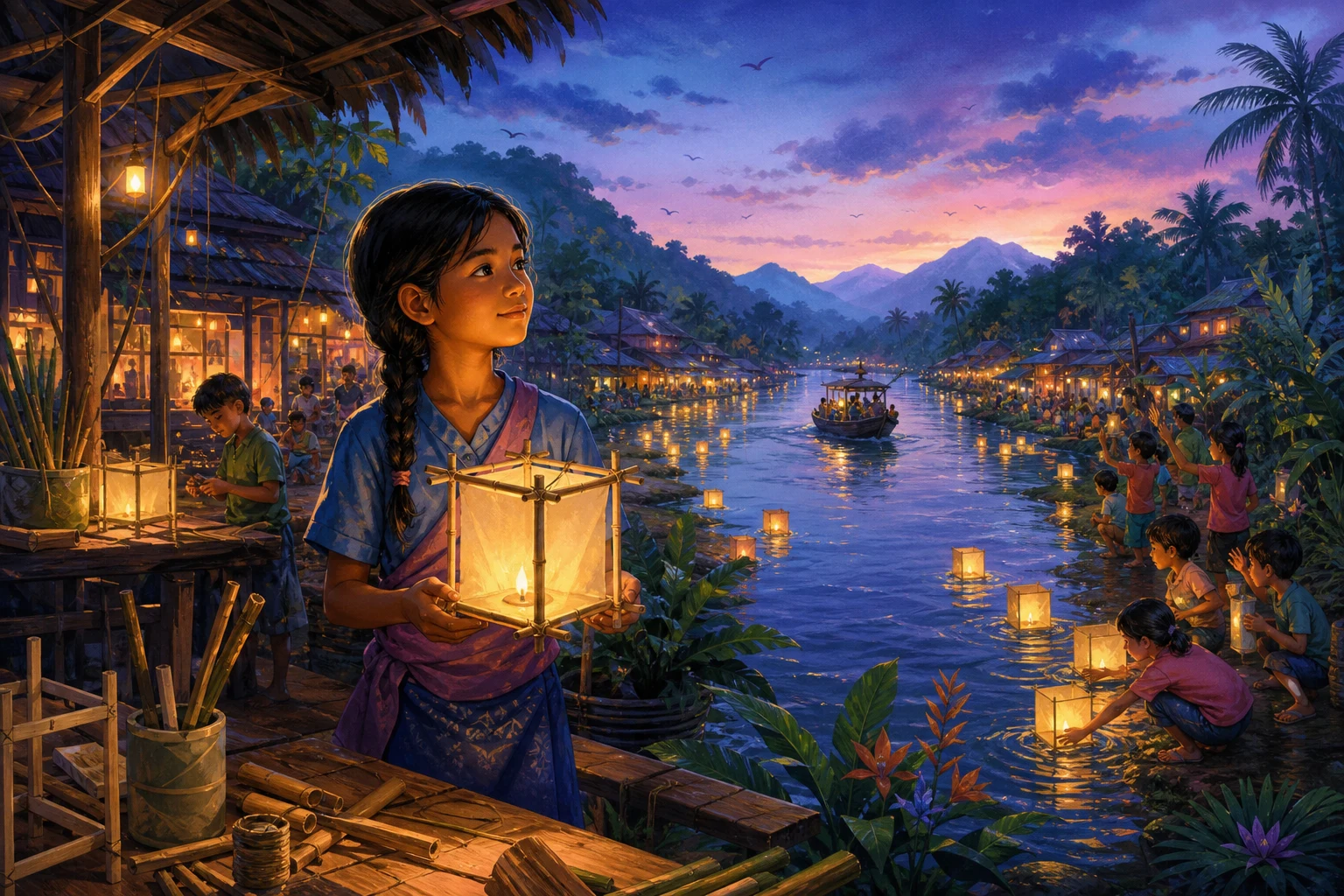 A girl and children use colorful reusable lanterns to guide ferries across a rainforest river at dusk.