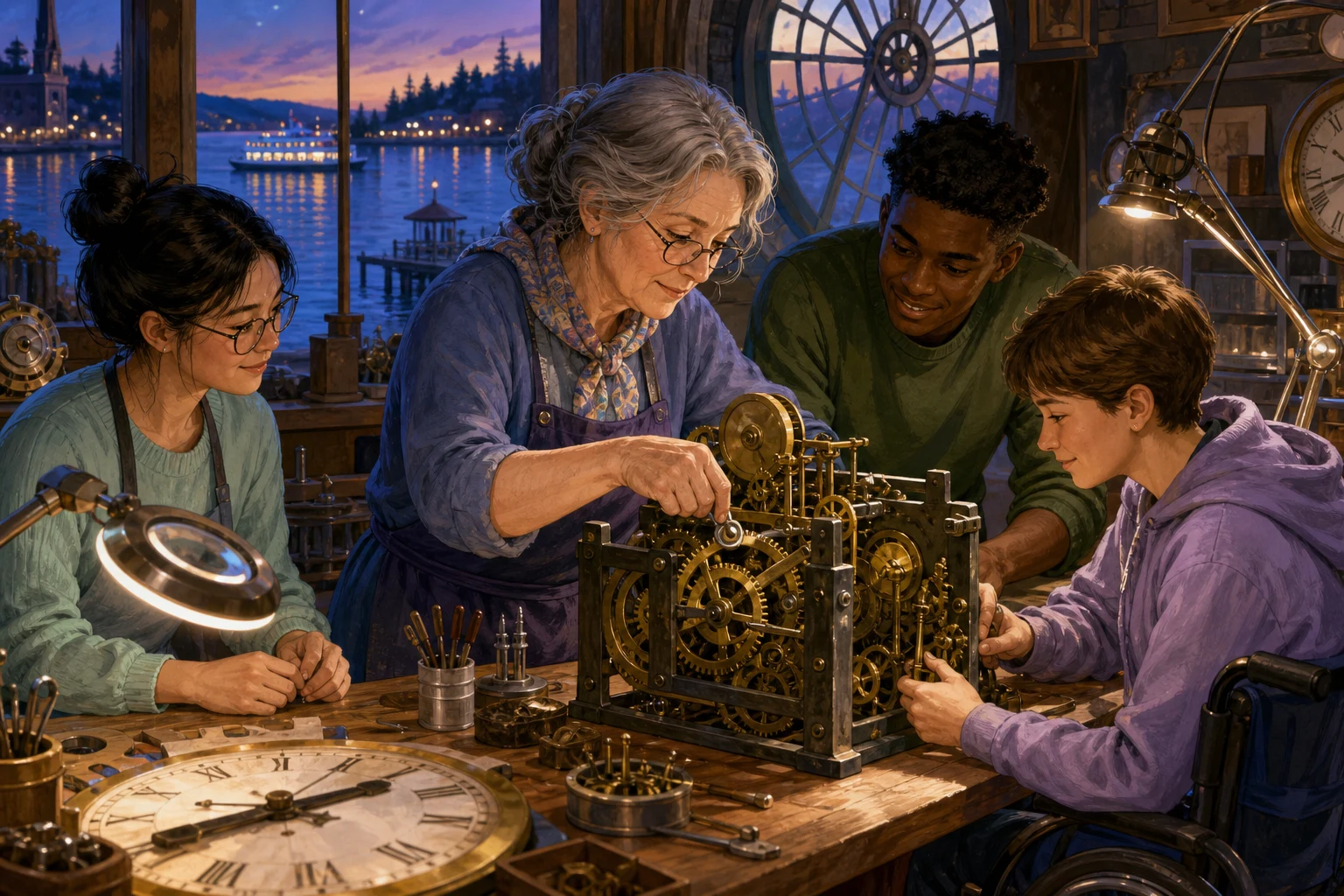 A clockmaker and three students collaborate around a large brass clock mechanism in a warm lakeside workshop.