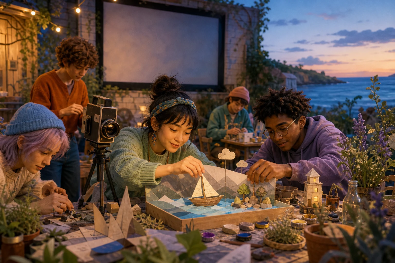 Young film-club artists create a stop-motion scene among herbs and handmade miniatures behind an old cinema.