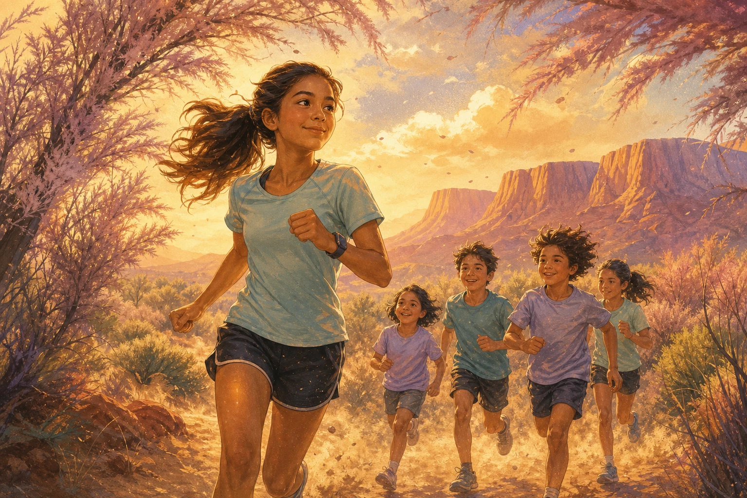 A teenage runner guides younger runners through a sunlit high-desert landscape after a dust storm.