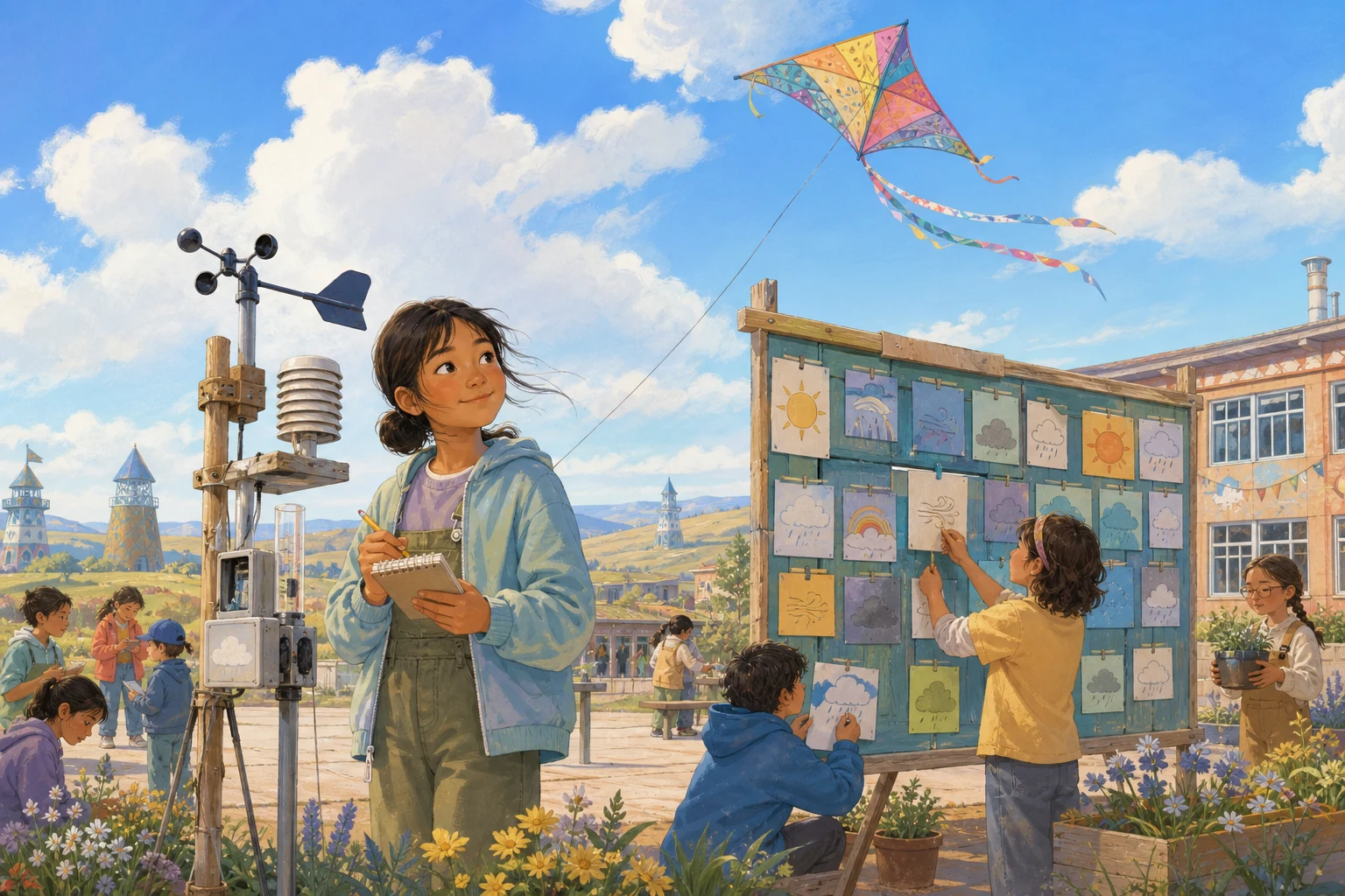 A young girl studies a homemade weather station while townspeople contribute observations to a shared weather board in a sunny steppe courtyard.