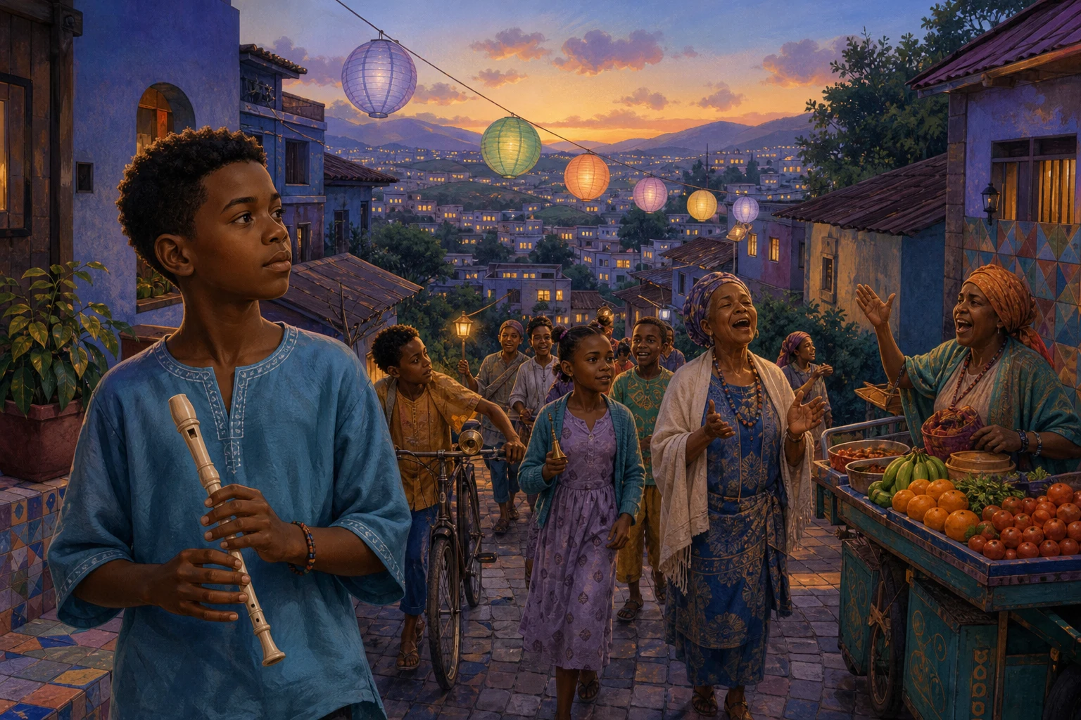 A boy with a recorder leads a lantern-lit procession of neighbors, bells, voices, and footsteps through a hilly city courtyard.