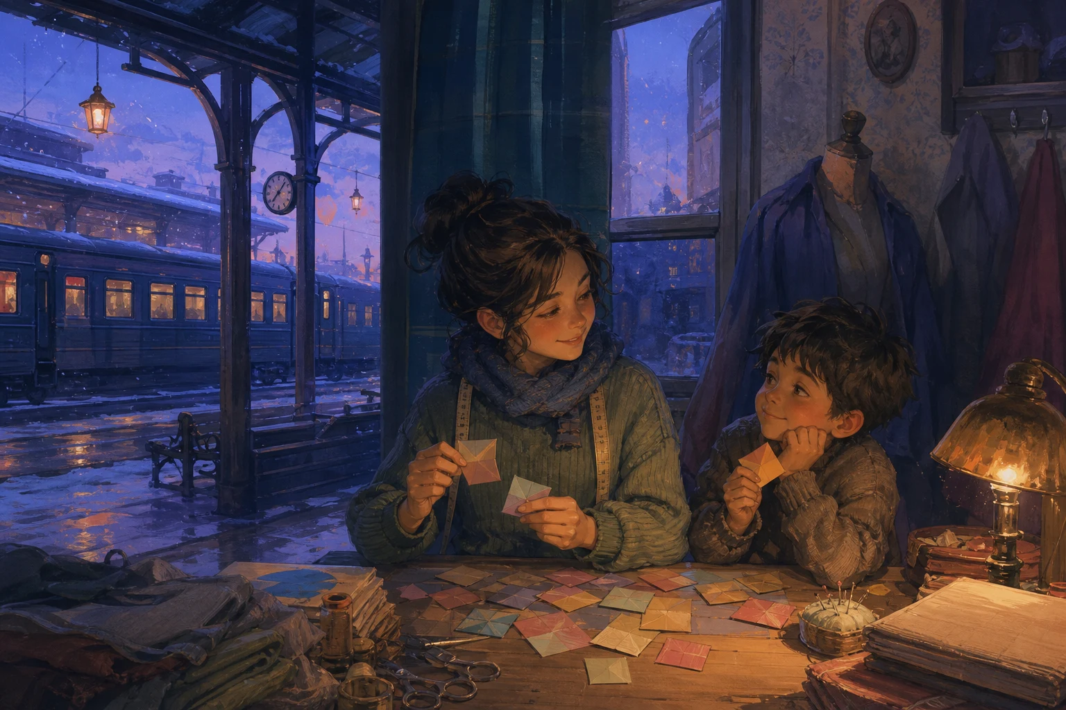 A young tailor and her brother create word games beside a warmly lit winter railway platform.
