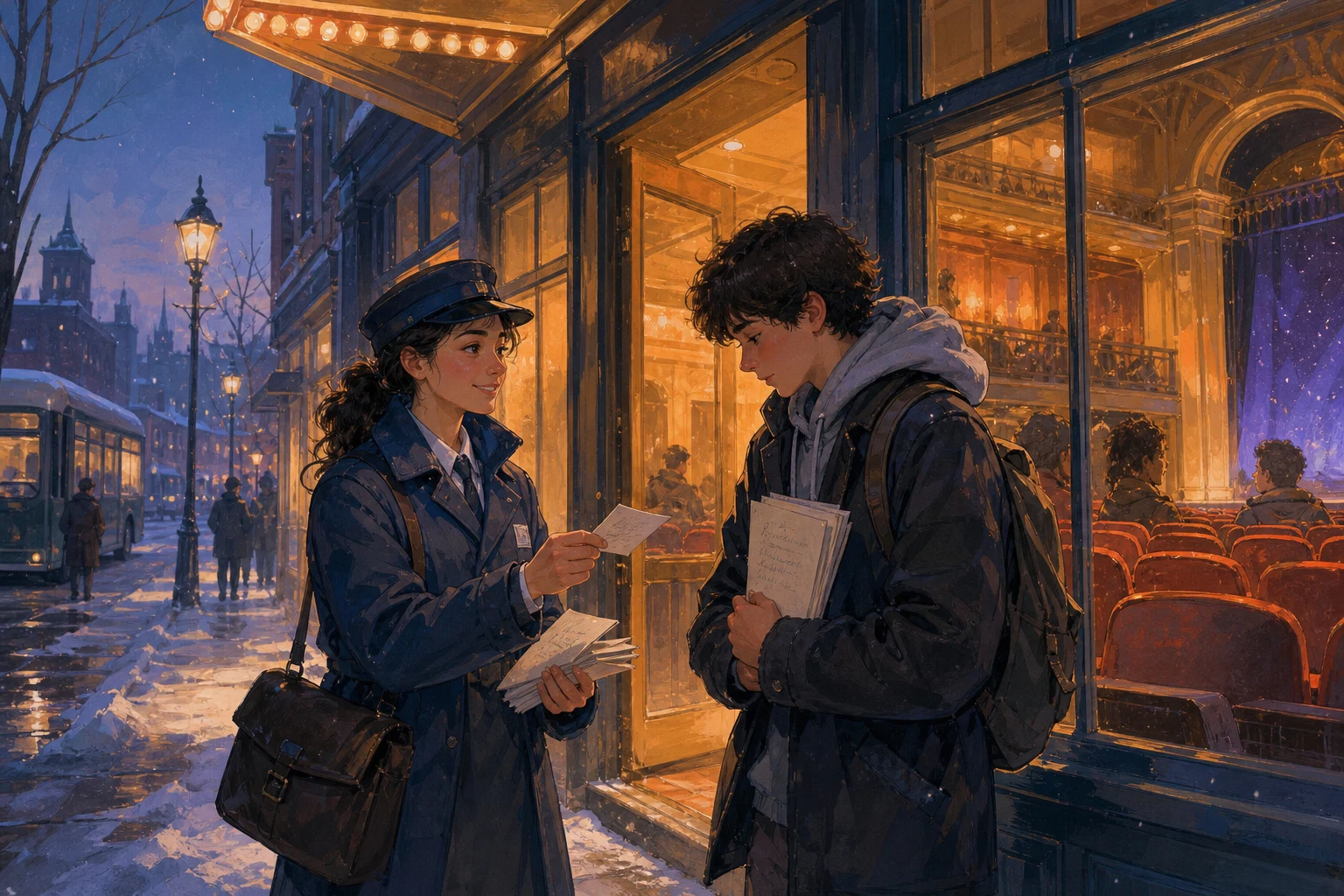 A bus conductor invites a shy teenage poet toward a warmly lit theater on a snowy morning.