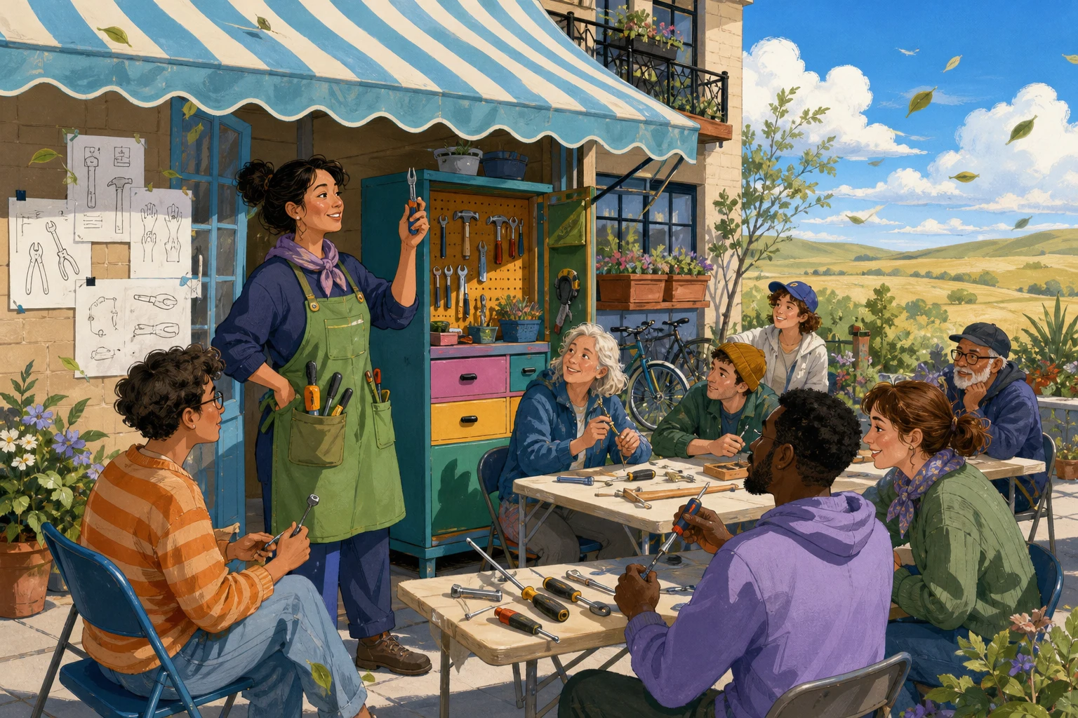 An apartment caretaker and neighbors learn to use shared tools beneath a breezy awning, surrounded by colorful diagrams and repaired bicycles.