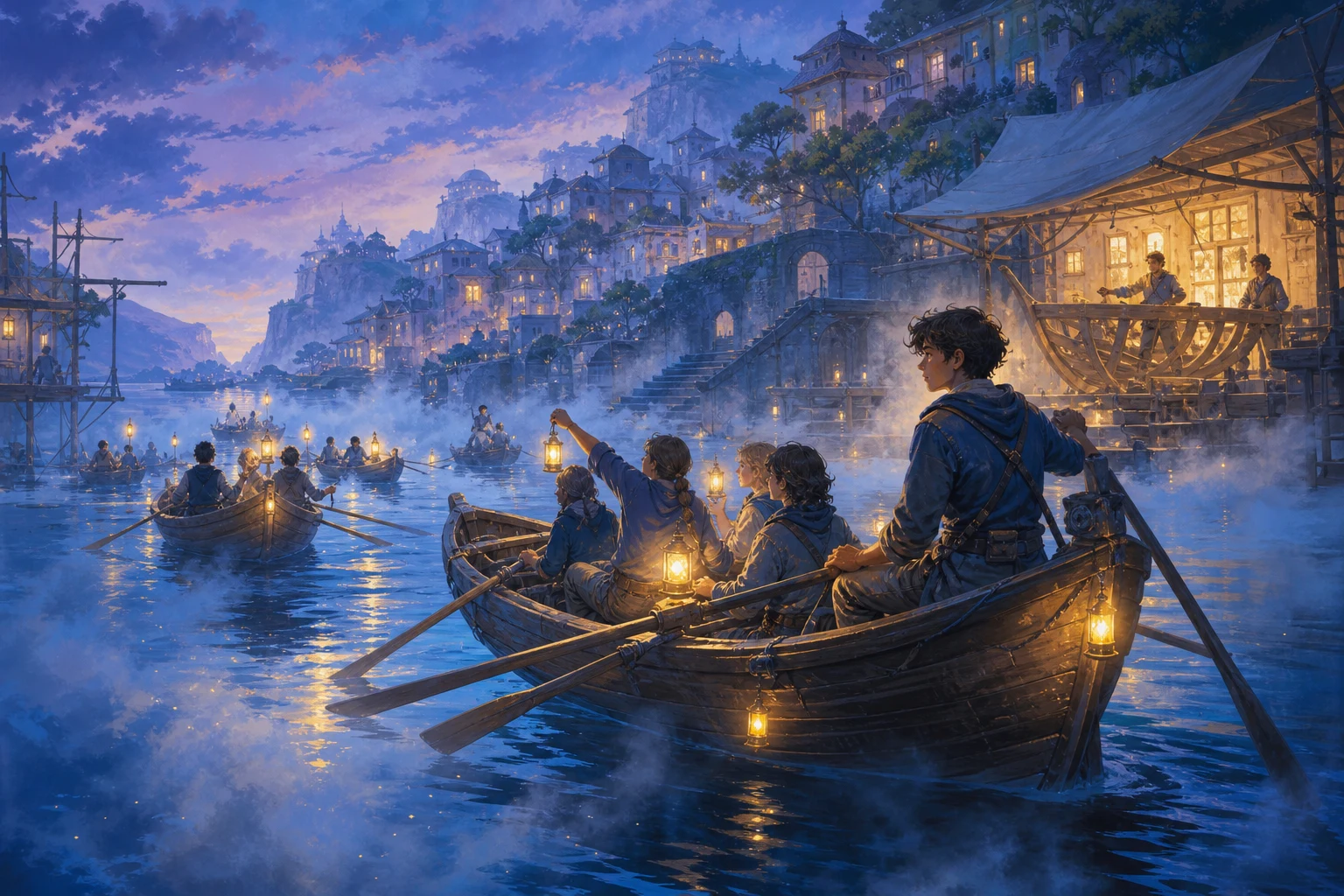 Rowing crews guide lantern-lit boats through fog on a harbor race redesigned around teamwork.