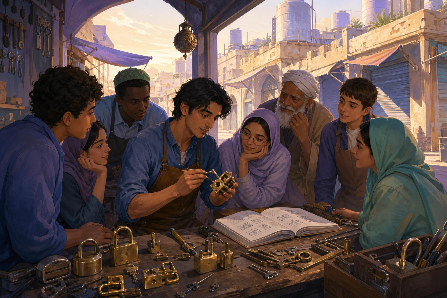 A locksmith teaches practical repair skills to learners in a sunlit desert arcade workshop.