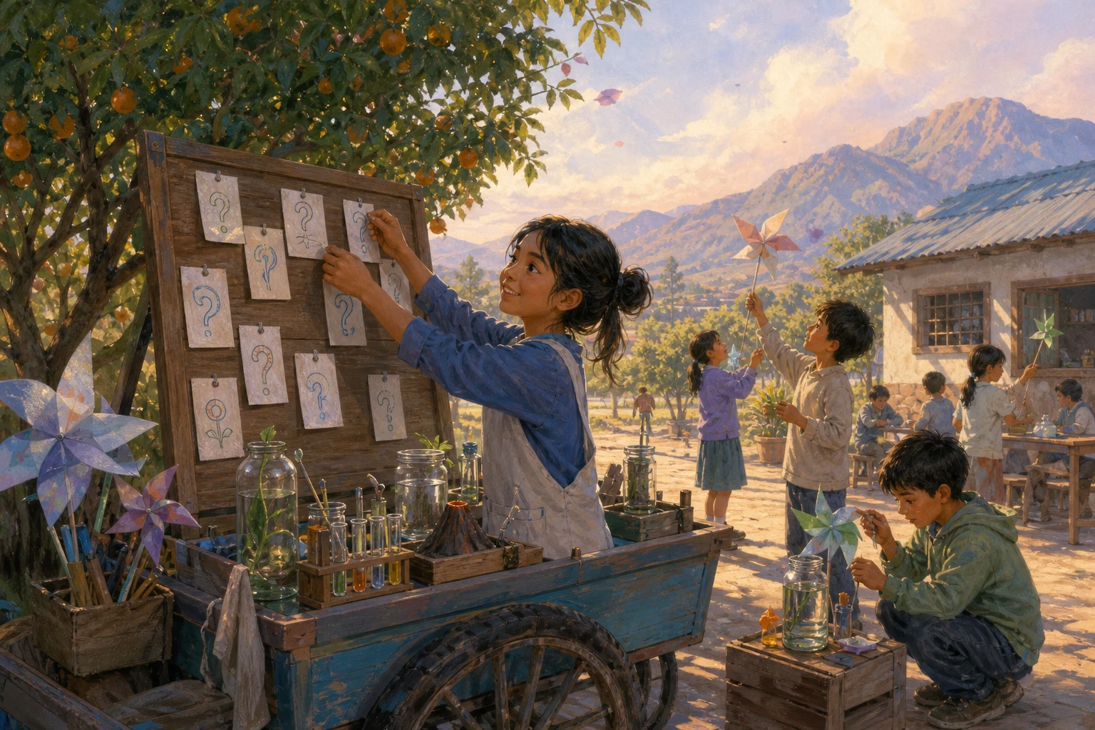 A young girl and children investigate paper wind wheels beside a traveling science cart in an orchard schoolyard.
