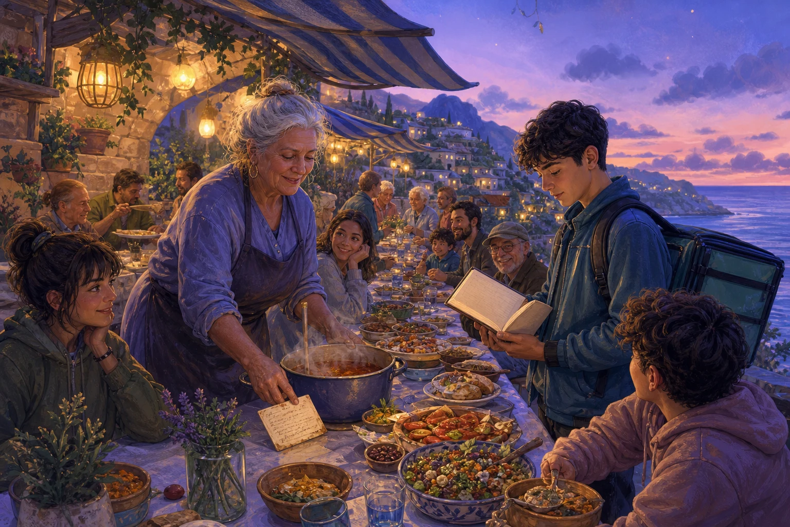 A retired cook and teenage cyclist welcome several generations to a lantern-lit outdoor dinner with shared recipes.