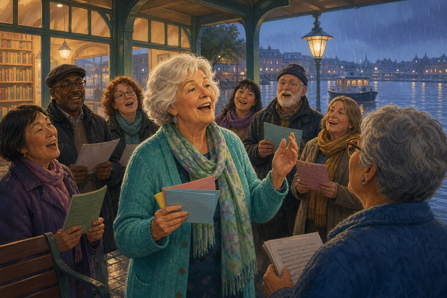 An older woman helps a community choir sing beneath a rainy ferry shelter, guiding newcomers with colored cards and hand signals.